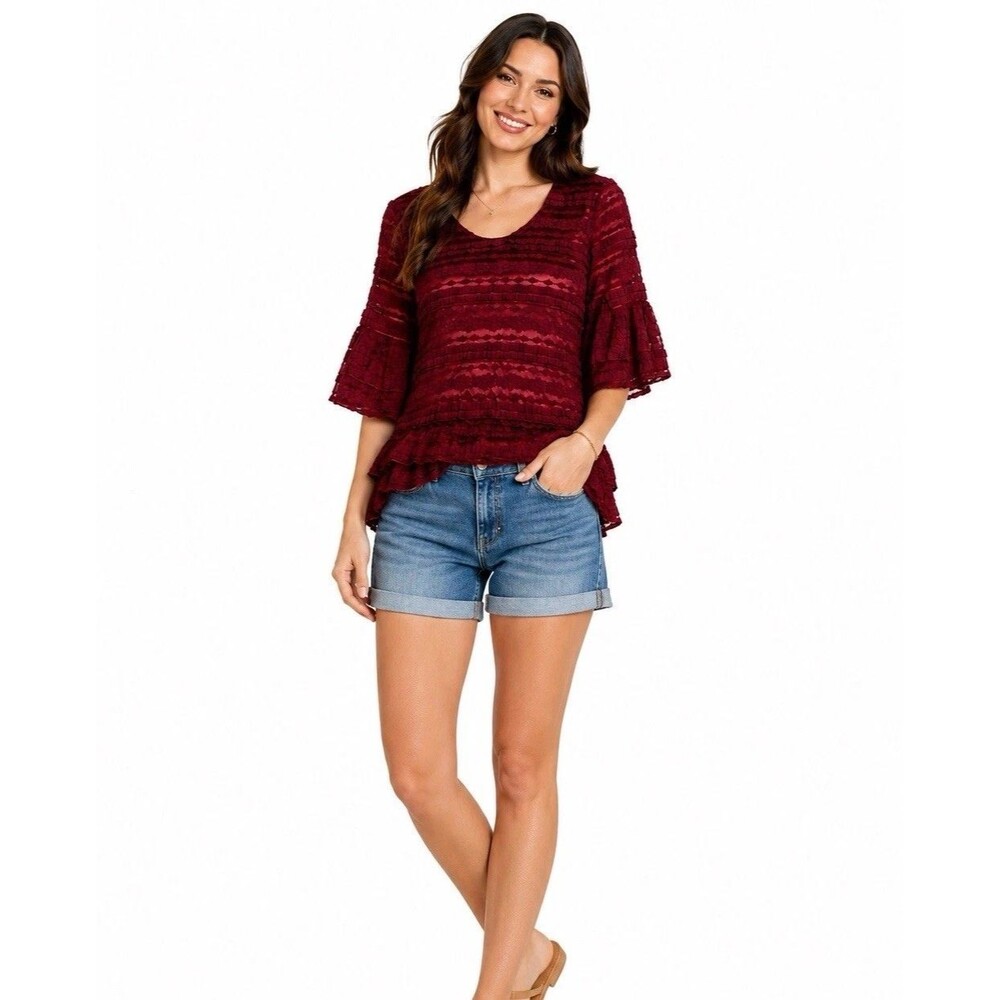 Burgundy Lace Blouse 1XL Boho Romantic Cottagecore Bell Sleeve Ruffle Top Fairy